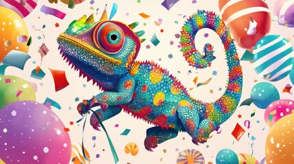 Obraz premium Funny animal - Celebration, happy birthday, summer party, greeting card banner - Colorful chameleon reptile