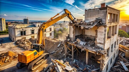 Fototapeta premium Aerial View of Excavator Arm Demolishing Old Building - Minimalist Demolition