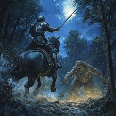 Knight confronts beast in moonlit forest battle