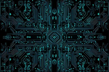 Abstract close-up of a glowing blue digital circuit board, showcasing intricate connections and technological design on a black background.
