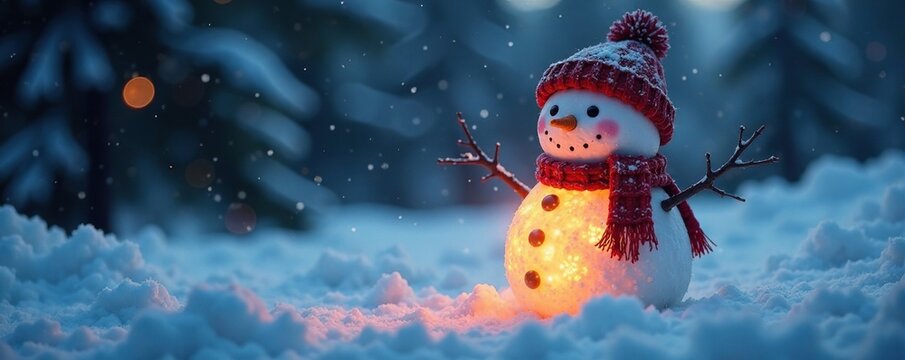 Snowman's body glows with an inner warm radiant light, illuminated, frosty