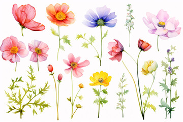 Vibrant Collection of Hand-Painted Flowers in Watercolor Style with Various Colors and Shapes for Artistic and Decorative Uses