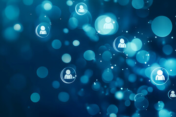 A digital background featuring glowing blue orbs with user icons, suggesting themes of connectivity and social networking.