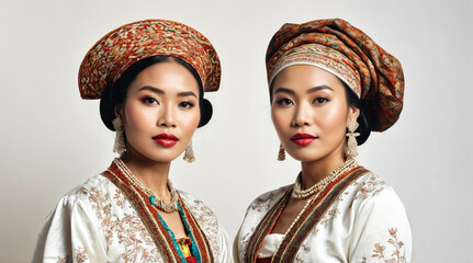 Women in traditional clothing display cultural heritage and artistry in a striking portrait during a ceremonial event