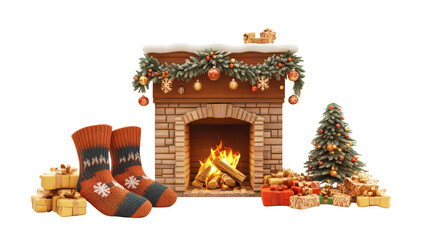 Cozy Holiday Fireplace with Christmas Decorations and Gifts