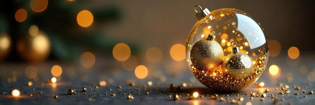 Sparkling Gold and Silver Ornaments in a Glass Ball, sparkling ornaments, gold glitz