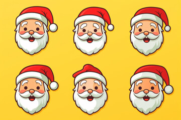 Cheerful Santa Claus Faces Collection on Bright Yellow Background Ideal for Holiday Greetings, Celebrations, and Festive Decorations