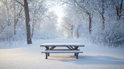 Snowy Winter Picnic Table in a Serene Forest