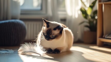 Siamese cat playing with feather toy in sunlit room.