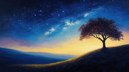 illustration of a beautiful autumn tree on a hill in a night sky scenery