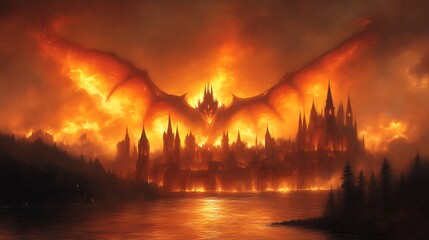 Fiery dragon attacks gothic castle.