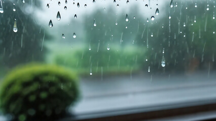 Water droplets streaking a window on a rainy day.