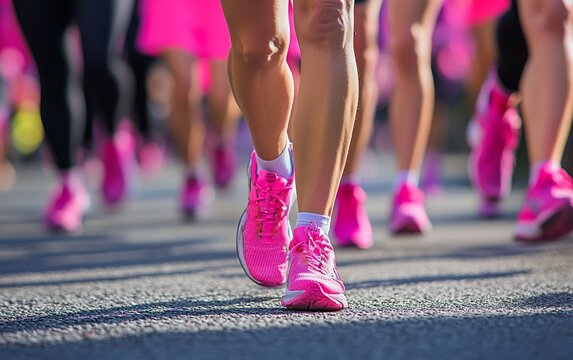 Women's legs in pink running shoes during a race.