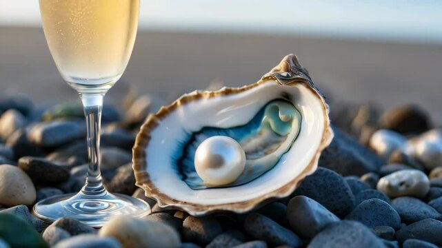 A shell with a pearl inside is on a beach next to a champagne glass. The scene is serene and peaceful, with the shell and glass representing a moment of relaxation and indulgence
