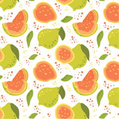 Guava pattern in flat style. Tropical, delicious fruit seamless pattern. Vector background. Summer freshness for health. For background, fabric, juice, ice cream or packaging.