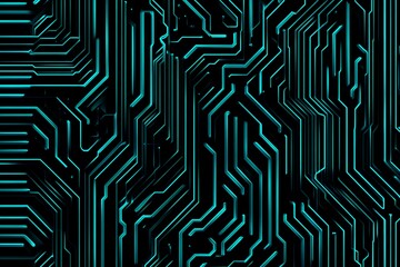 Abstract close-up of a glowing blue digital circuit board, showcasing intricate connections and technological design on a black background.
