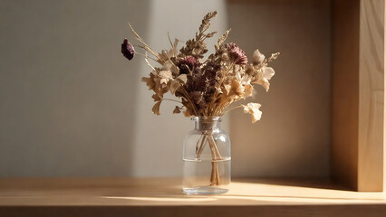 Rustic dried plants arrangement in glass vase, interior decor.