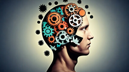 Obraz premium Human head abstractly fused with mechanical gears.