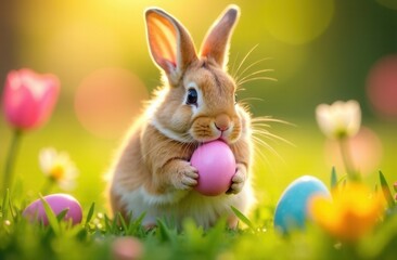 Fototapeta premium A rabbit holds an easter egg in its mouth on green grass