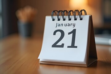 A calendar page flipping to January 21 , set in a cozy desk scene.