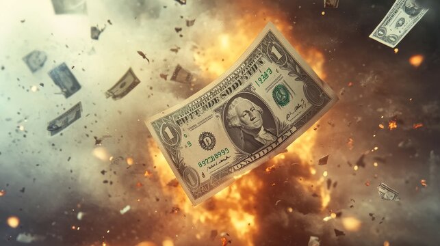 Burning One Dollar Bill Representing Financial Crisis, Economic Loss, and Money Devaluation Concept in Fiery Flames. Symbol of Inflation, Risk, and Instability