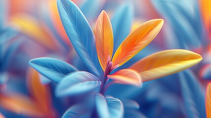 Fototapeta premium Abstract floral pattern with soft blue, orange, and yellow leaves, creating a warm and airy background 