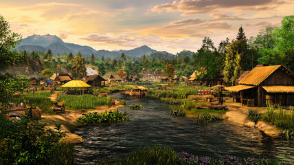 Fototapeta premium A serene village in a life-simulation game, featuring colorful market stalls, a flowing river, and distant mountains. The vibrant setting invites players to explore, trade, and interact with villagers