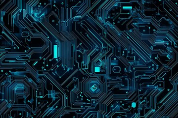 Abstract close-up of a glowing blue digital circuit board, showcasing intricate connections and technological design on a black background.
