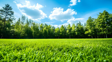 A vibrant green lawn under a bright blue sky with fluffy clouds and a backdrop of trees, evoking a sense of tranquility and nature.