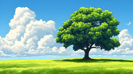 Obraz premium A vibrant tree stands in a lush green field under a bright blue sky with fluffy clouds, evoking a sense of peace and tranquility.
