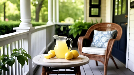 Lemonade jug with lemons on cozy patio table.