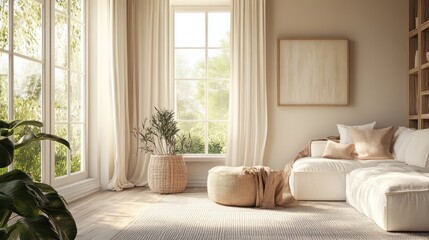 Interior of a beige living room decorated in a Scandinavian farmhouse style with natural wood furnishings. Wall background mockup. illustration.