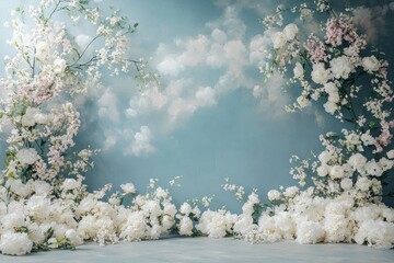 Floral spring backdrop with white flowers and blue sky.