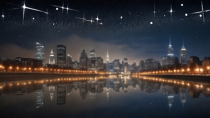 Fototapeta premium Urban nightscape mirrored in still water.