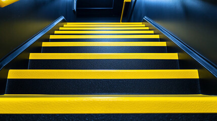 Dark stairway with yellow anti-slip treads.