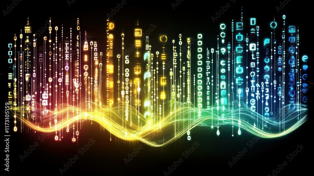 Poster abstract digital data flow visualization: a symphony of colorful codes and symbols