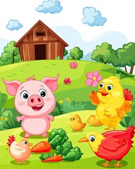 A cheerful farm scene with a pig, chickens, and vegetables in a vibrant landscape.