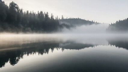 Fototapeta premium Tranquil lake reflecting trees under misty wilderness.