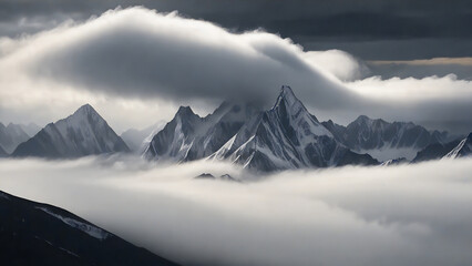 Obraz premium Mountains shrouded by soft, drifting clouds.