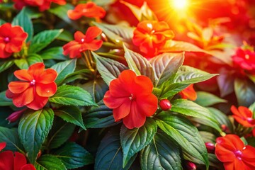 Aerial View of Vibrant Red Impatiens Balsamina Flowers in a Garden