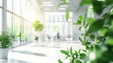 A bright, modern office space filled with greenery, featuring large windows that allow natural light to illuminate the area.