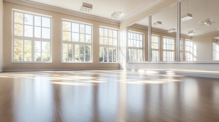Interior of an empty dance, yoga, fitness studio hall with big mirrors, windows and wooden floor