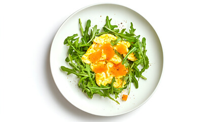 Scrambled eggs with arugula on white plate isolated on white background, top view. Healthy breakfast - fluffy scrambled eggs, design element