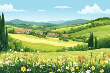 Fototapeta premium Tuscan Village nestled in rolling green hills and wildflowers