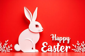 Fototapeta premium Happy Easter greeting card with white paper cut Easter Bunny isolated on a red background,vector illustration