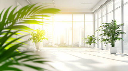 A bright, modern office space featuring large windows and potted plants, creating a serene and inviting atmosphere.