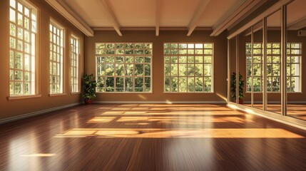 Fototapeta premium Interior of an empty dance, yoga, fitness studio hall with big mirrors, windows and wooden floor