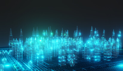 3D Render of Blue glowing neon futuristic smart cities cityscape and telecommunication technology 