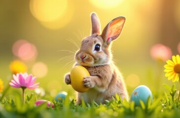 fluffy bunny with colorful eggs in its paws