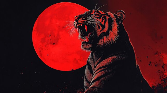 A minimalist design of a tiger roaring under a glowing red moon